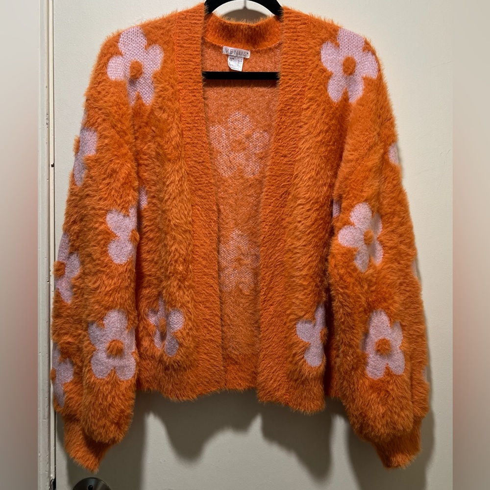 Vibrant Orange oversized Fuzzy Cardigan with Floral Design